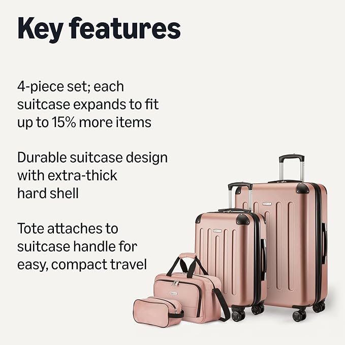 Amazon Basics 4-Piece Luggage Set, Hardside Spinner Suitcases with Multidirectional Wheels (22" Carry-On and 28" Checked), Plus 15-inch Tote Bag and 10-inch Compact Travel Bag, Rose Gold