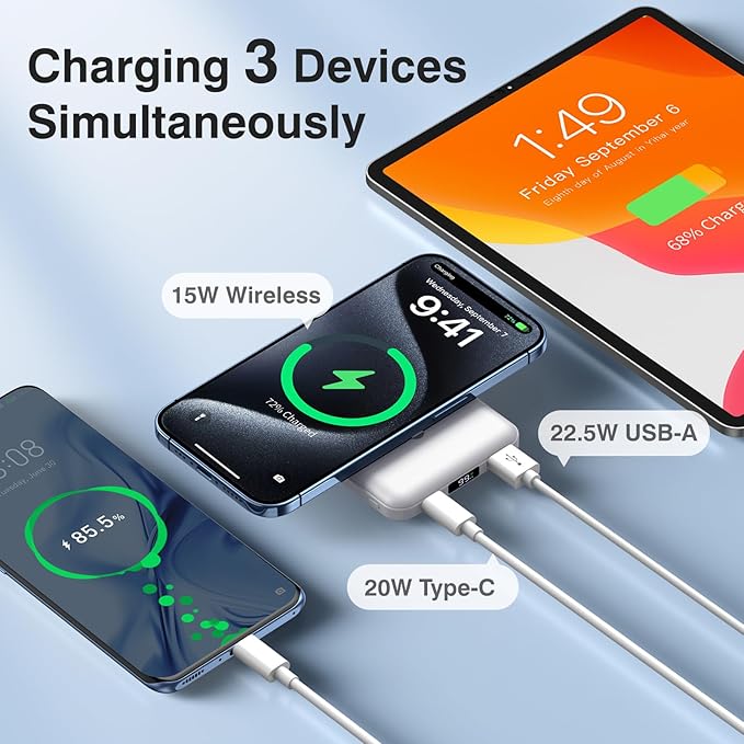 AOGUERBE for MagSafe Portable Charger, 10000mAh Magnetic Power Bank 22.5W Fast Charging, Mini Battery Pack Wireless with LED Display&Foldable Stand for iPhone 17/16/15/14/13/12 Series (Polar White)