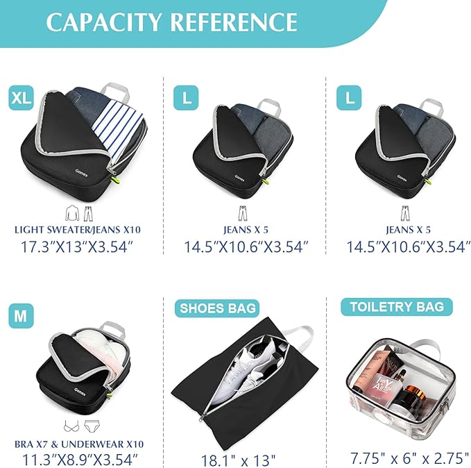 Gonex Compression Packing Cubes, 6pcs Expandable Storage Travel Luggage Bags Organizers with Shoe Bag, Clear Toiletry Bag (Black)