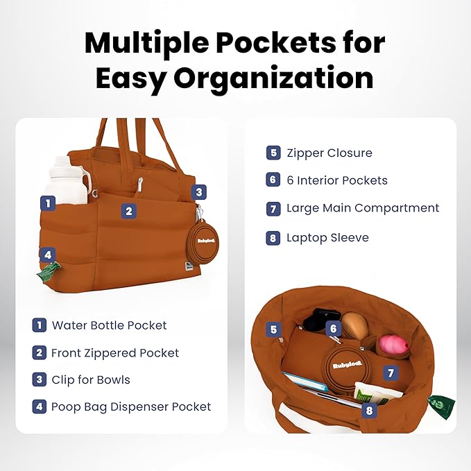 rubyloo Puffer Dog Travel Bag for Dog Moms – Doggy Diaper Bag with Pet Bowls & Food Storage or Everyday Puffy Tote – Doggy Mom Gifts for Women – Lightweight, Travel-Ready Gift for Pet Lovers - Rust