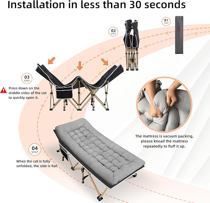 Fragess Portable Camping Cot, 600LBS Max Load, Extra Wide with Thick Mattress, Folding Cot for Outdoor Camping/Office, Home Nap (Grey)