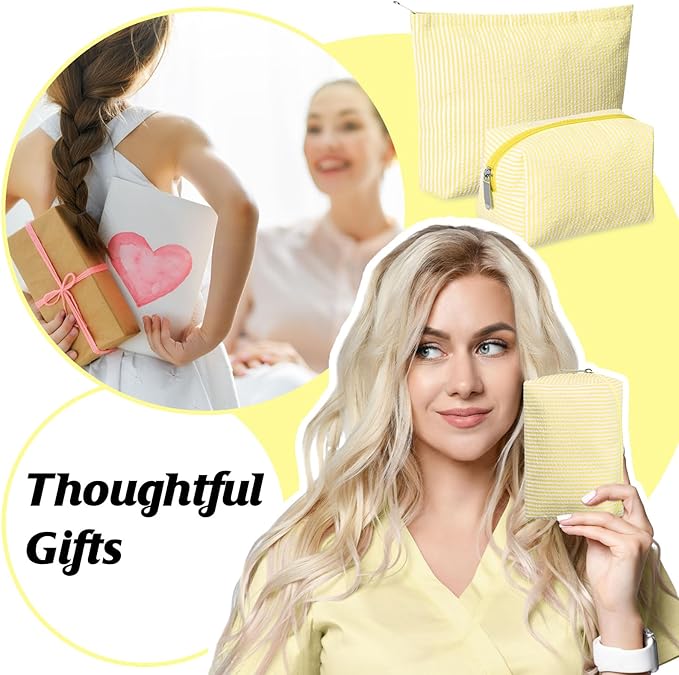 Huhumy 2 Pcs Makeup Bag Set Cute Cosmetic Pouch for Women Seersucker Travel Toiletry Bag Preppy Small Makeup Purse Pouch Aesthetic Skincare Brushes Storage Organizer for Valentine Women(Yellow)