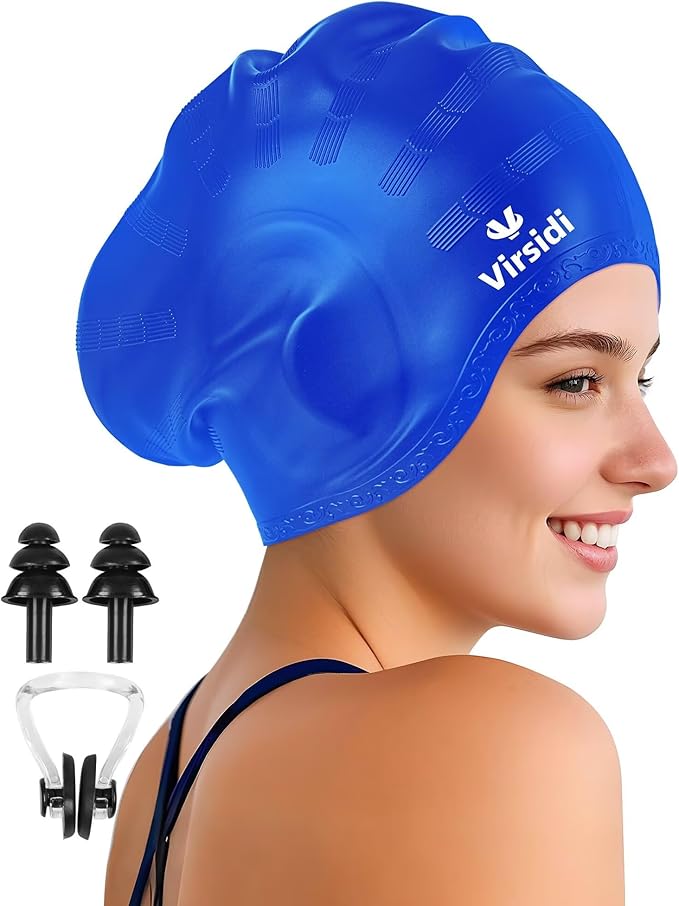 Swim Cap for Long Hair, Silicone Swimming Cap for Adult Women Men with 3D Ear Protection, Waterproof Large Swim Hats Bathing Caps to Keep Hair Dry with Ear Plugs Nose Clip