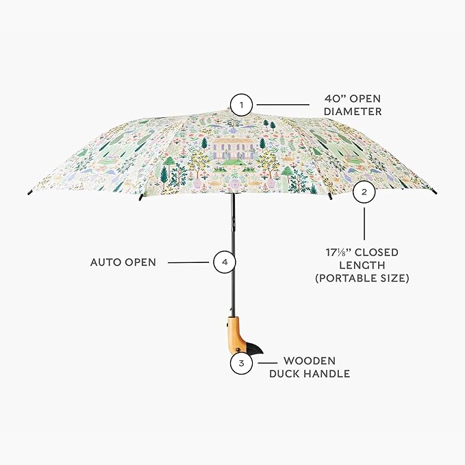 RIFLE PAPER CO. Umbrella, Matching Storage Sleeve, Portable, Auto Open and Close, Wooden Handle, Printed in Full Color