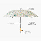 RIFLE PAPER CO. Umbrella, Matching Storage Sleeve, Portable, Auto Open and Close, Wooden Handle, Printed in Full Color