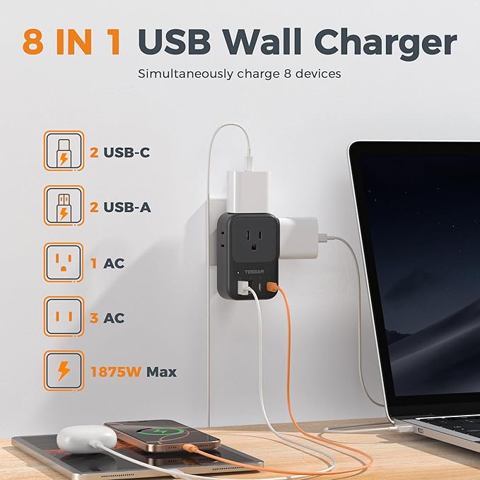 TESSAN USB C Charger Block 20W PD, Fast Charging Adapter with Foldable Plug, 1875W Power Outlet Extender(4 AC and 4 USB) for Cruise, Home, Office, Dorm Room Essentials, Black
