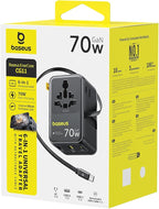 Baseus 70W Universal Travel Adapter, 6-in-1 International Plug Adapter with Retractable Cable, USB-C PD Fast Charging Worldwide Wall Charger for USA/EU/UK/AUS and Over 200 Countries - Enercore CG11