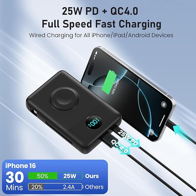 Magnetic Portable Charger for MagSafe with Built-in Cable, iWatch Charger,10800mAh Wireless Power Bank Travel Essentials,25W PD Fast Charging Battery Pack for iPhone 17/16/15/14/13 Series,Apple Watch