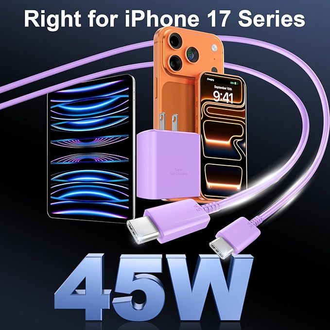 Phone 17 16 Pro Max Charger Fast Charging, 45W USB C Phone 17 16 Super Fast Charger Block with 10ft Long Type C Charging Cable Cord for i.Phone 17 Pro Max/17 Pro/17 Air/17/16/16Pro-White+Purple
