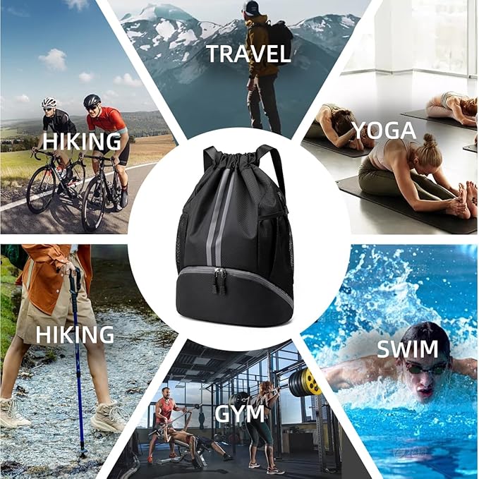 Valleycomfy Sports Drawstring Backpack - Water Resistant String Bag with Side Mesh Pockets Shoe Compartment Gym Backpack for Women & Men Black