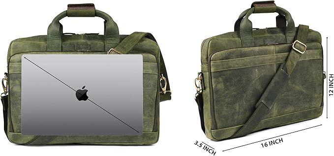 LEATHER VILLAGE 16" Leather Laptop Messenger Briefcase Bag for Men-Leather Satchel for Travel and Office Shoulder Bag- Olive