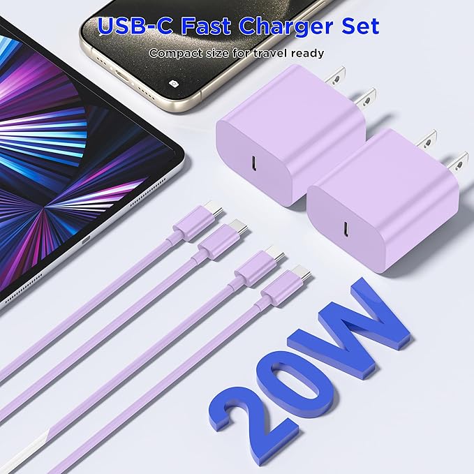 iPhone 17 16 15 Charger Fast Charging,2Pack 20W Apple iPad USB C Wall Chrager Block with 6FT USB C to C Cable for iPhone 17/Pro/Pro Max/17 Air/ 16/16 Pro/16 Pro Max/15/Plus/Pro/Pro Max (Purple)
