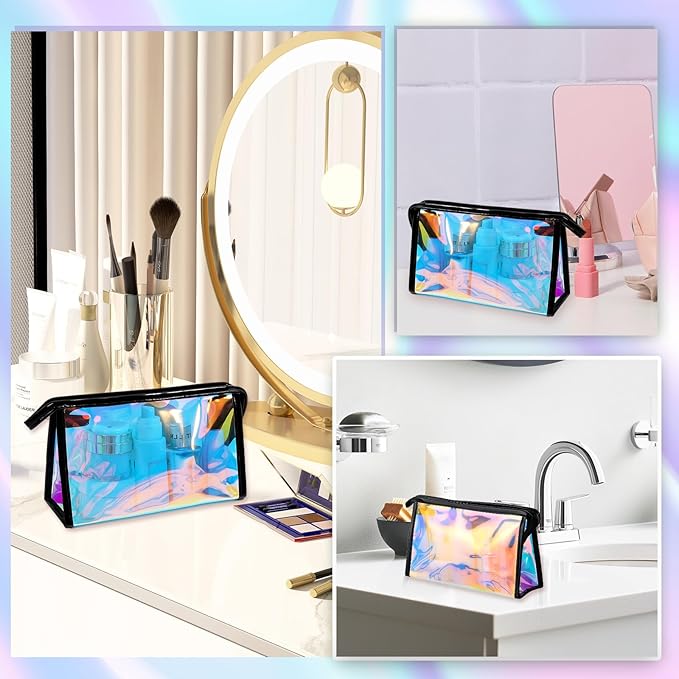 BESARME 10 Pcs Holographic Makeup Bags Bulk, Clear Portable Zippered Toiletry Bag Waterproof Cosmetic Bags SPA Bathroom Vacation Party Favors Bachelorette Gifts