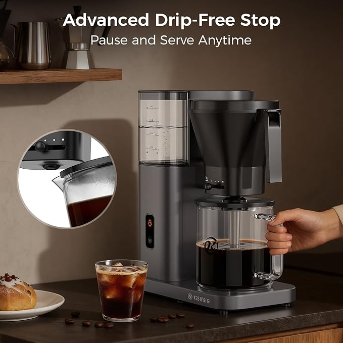 Kismile 8 Cup Drip Coffee Maker Machine, Pour Over Coffee Brew with 3s Instant Heat 197-205℉, Removable Water Tank, Adjustable Flow Control, Deep Cold Brew & Keep Warm 40 Min (starrygray)