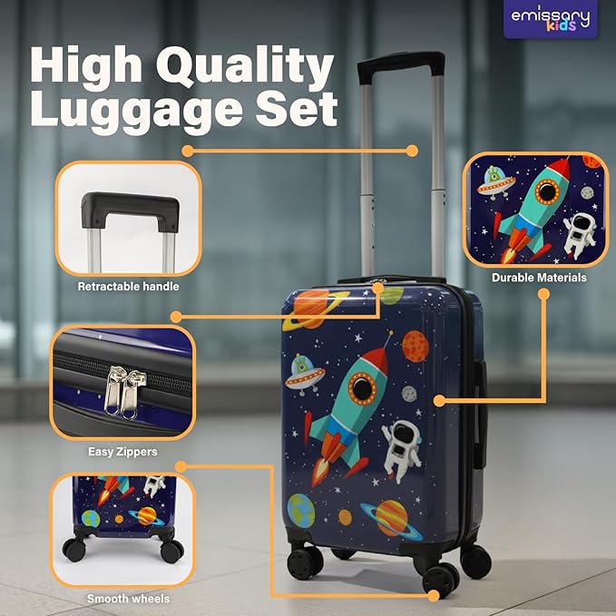 emissary 7pcs Space Boy’s Luggage Set with wheels – Rolling Luggage, Backpack, Eye Mask, Toiletry Bag, Suitcase Tag, Neck Pillow & Water Bottle – Carry Luggage for Kids & Boys with Wheels