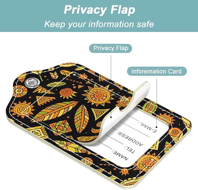 Rimilak 3 Pcs PU Leather Luggage Tags for Suitcase, Travel Cruise Luggage Tag with Privacy Flap, Name ID Label and Metal Loop for Women Men Baggage Handbag School Bag Backpack, Abstract Datura