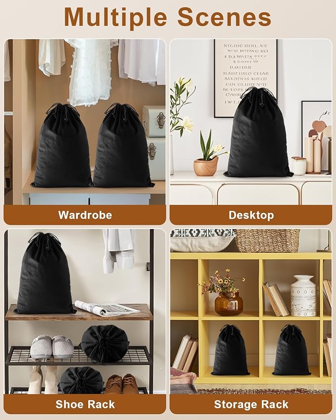 FantasyLife Shoe Bags for Travel, Washable Dust Bags for Storage & Packing, Flannel Shoe Pouch with Drawstring Closure for Purses, Handbags, Shoes & Toys (4, Black Beauty, 17.3"x12.6")