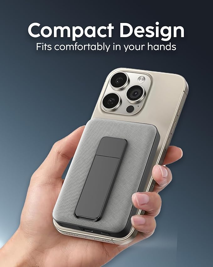 myCharge CliqLuxe Magnetic Wireless Power Bank 10,000mAh | iPhone & MagSafe Compatible | Qi2.2 25W Mag Safe Portable Charger | Built-in Stand | 20W PD USB-C Port | Premium Grey Fabric
