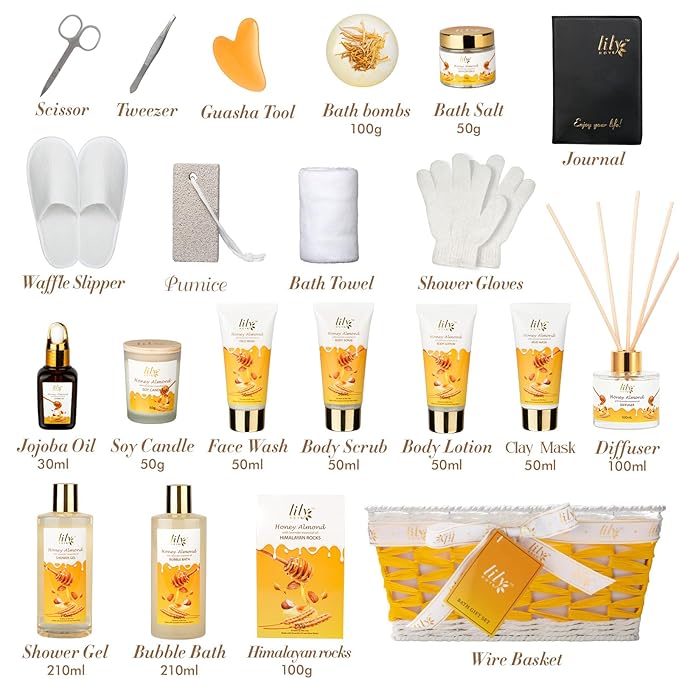 Gifts for Women & Men, Gift Basket for Mom & Dad - Luxurious Honey Almond Bath and Body Basket Set for Women, Spa Gift Set for Mom, Spa Kit | Valentines Day, Birthday Gifts, Christmas Gift Sets