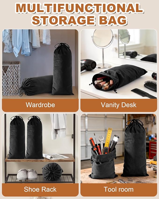 4 Pcs Single Shoe Bags for Travel, 17.3"x8.6" Washable Travel Shoe Bags for Packing in Suitcase, Velvet Dust Bag with Drawstring, Shoe Pouch for Women and Men, Travel and Home Storage (Black Beauty)