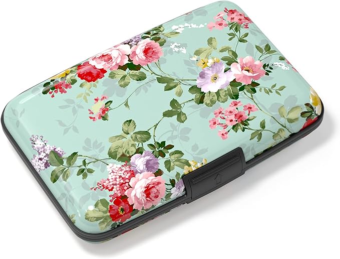 Credit Card Holder, Mini Aluminum Card Wallet RFID Blocking Slim Metal Hard Card Case for Women Men, Green Flowers