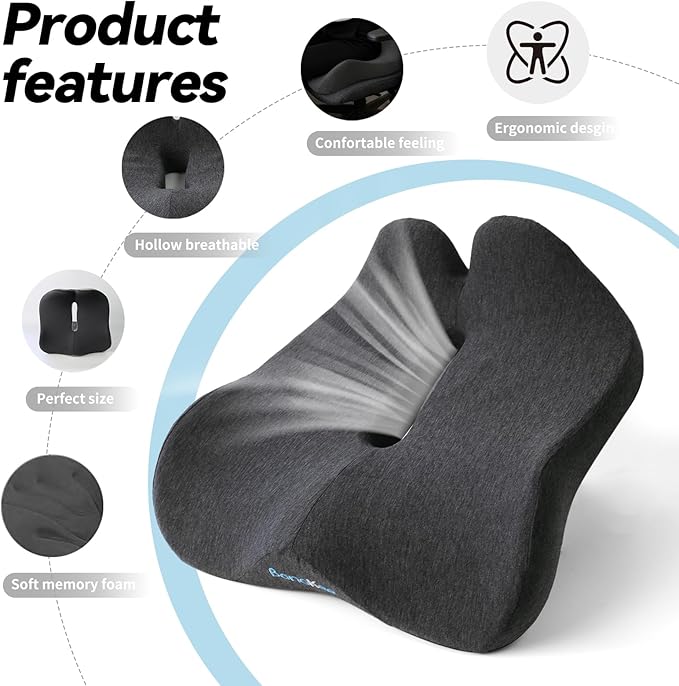 18x16 Inch Memory Foam Seat Cushion for Office Chair, Car & Travel, Ergonomic Chair Cushions for Long Sitting, Thick Supportive Seat Pad with Non-Slip Bottom, Washable Cover, Black