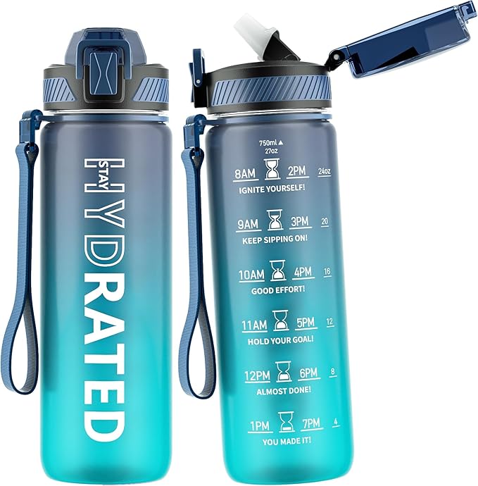 QLUR Water Bottle with Straw, 27oz Motivational Water Bottles with Time Marker to Drink, Tritan BPA Free, 750ml Sports Water Bottle with Carry Strap LeakProof for School Fitness Outdoor (1Pack)