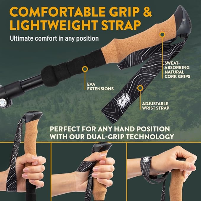Premium Foldable Hiking Poles by USA Brand - Adjustable, Lightweight Trekking Poles Made of Aircraft Aluminum, Metal Locks Cork EVA Grips