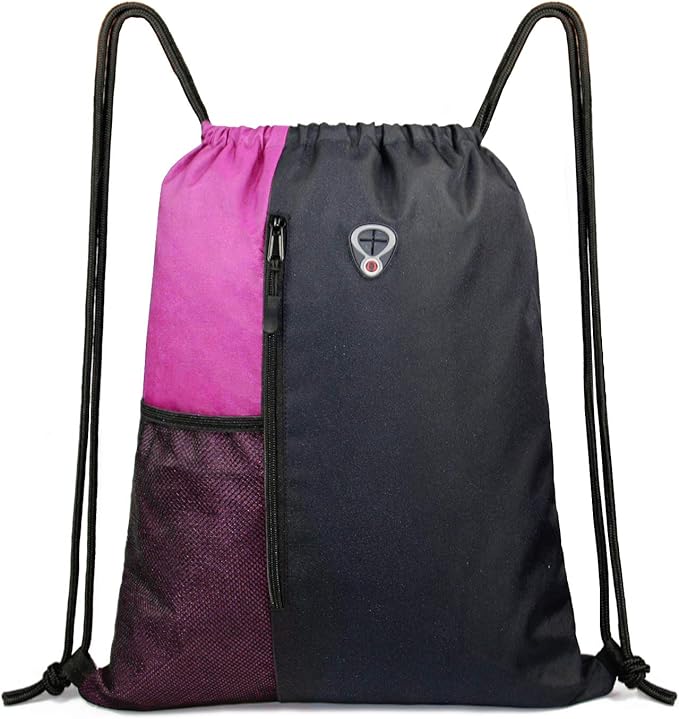 BeeGreen Sports Bag Drawstring Backpack With Water Bottle Pocket &Front Zippered Pocket Large String Bag Pack For Men Women