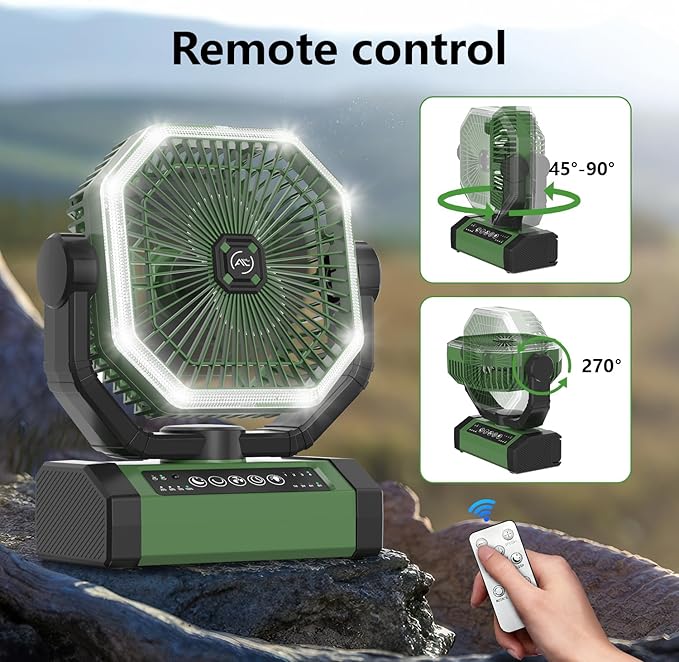 Allsion Camping Fan - 24000mAh Portable Fan, Rechargeable Fan with Light & Remote, Battery Powered Fan 4 Speed Strong Airflow, Desk/Camping/Outdoor/Gym Fan for Office Travel Treadmill Camping Gear