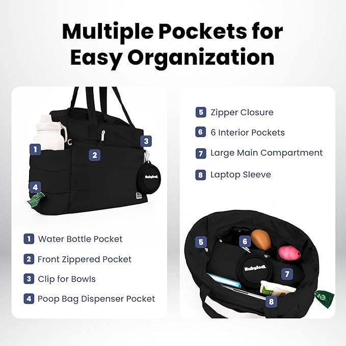 rubyloo Puffer Dog Travel Bag for Dog Moms – Doggy Diaper Bag with Pet Bowls & Food Storage or Everyday Puffy Tote – Doggy Mom Gifts for Women – Lightweight, Travel-Ready Gift for Pet Lovers - Black