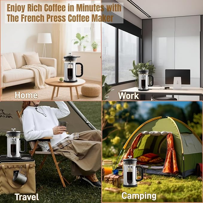 French Press Coffee Maker 34 oz, 1000ml Borosilicate Glass Stainless Steel Coffee Brewer with Reusable Filters Portable Coffee Press for Kitchen Travel Camping