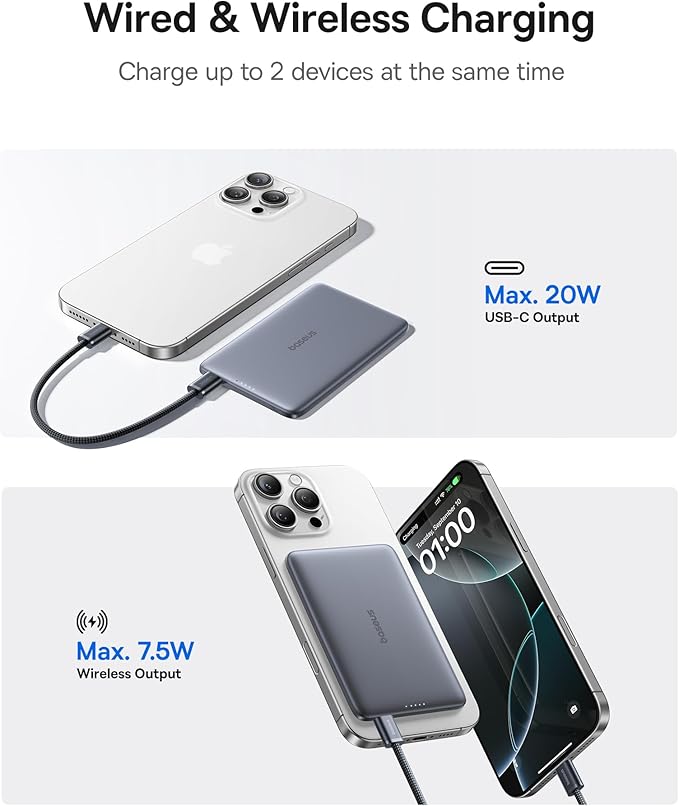 Baseus Picogo Power Bank, 0.3" Ultra Slim 5000mAh MagSafe Portable Charger, Card-Size Magnetic Battery Pack with USB-C Braided Cable, Alloy Wireless Charger for iPhone 17 Pro Max/17 Air/16/15/14/13/12