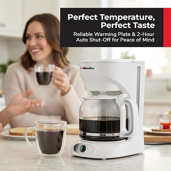MUELLER HOME 12-Cup White Coffee Maker - Borosilicate Carafe, Auto-Off, Reusable Filter, Anti-Drip, Keep-Warm Function, Clear Water Level Window, White Kitchen Accessories