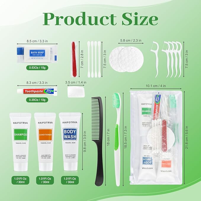 100 Sets Travel Toiletries Kit Bulk, 9-in-1 Disposable Personal Hygiene Kit with Toothbrush,Toothpaste,Floss,Shampoo,Shower Gel,Conditioner,Soap,Comb, and Vanity Kit for Hotel Guest Donations Supplies