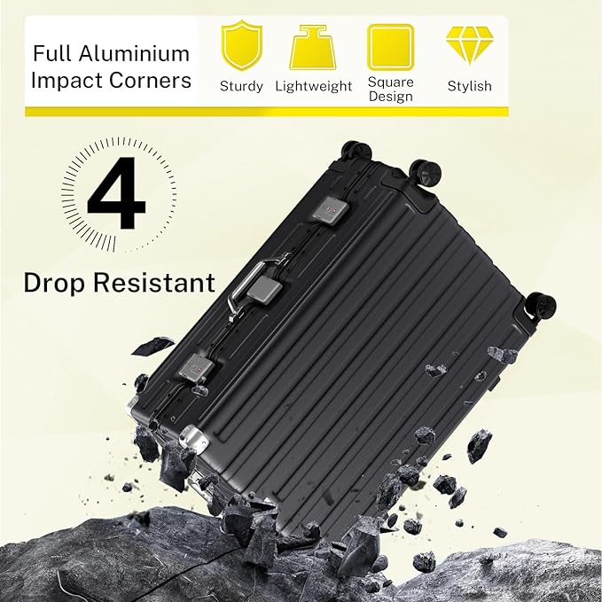Krute Carry On Luggage 20 inch Aluminum Frame Luggage with Spinner Wheels Hardshell No Zipper PC+ABS TSA Lock Zipperless Suitcases Black
