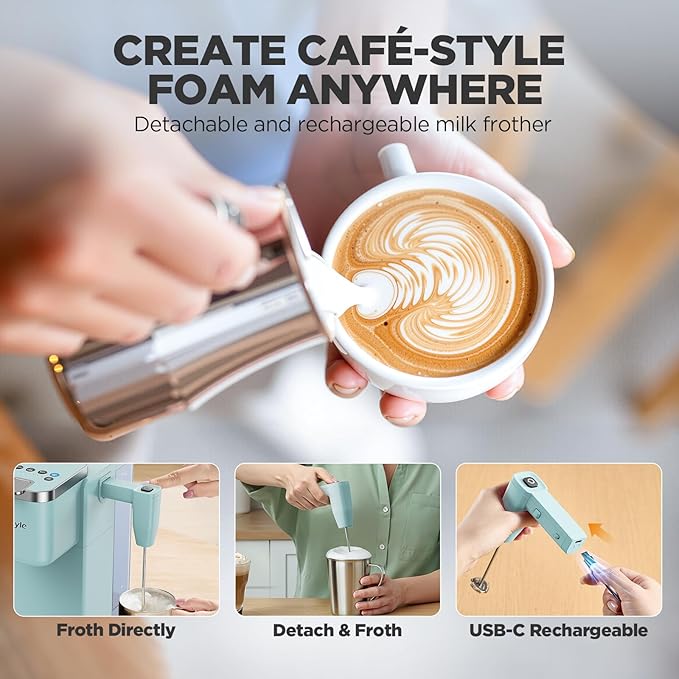 Tastyle Single Serve Coffee Maker with Built-in Detachable Milk Frother, Iced and Hot Coffee Machine for K Cup & Grounds, 40oz Removable Water Reservoir, 6 Cup Sizes, Fits 7.3" Travel Mug, Teal
