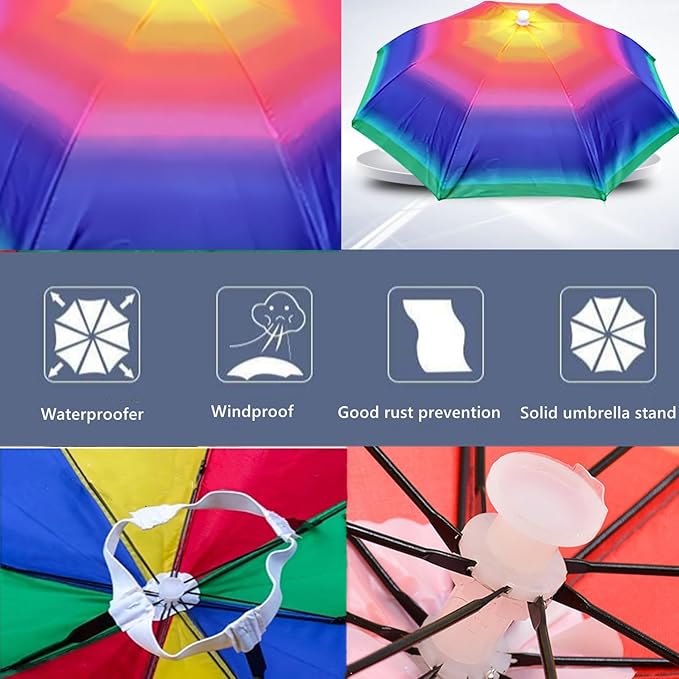 3 Pack Umbrella Hat, Sports Head Umbrella Hats for Adult Women, 26" Diameter Folding Waterproof Rainbow Fishing Headwear for Outdoor Party Beach Hiking