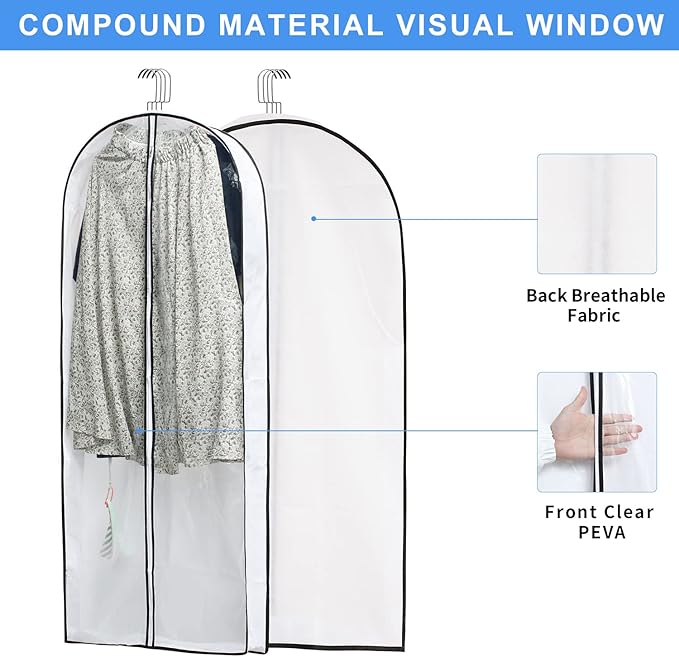 MsKitchen Hanging Clothes Storage with 4" Gusseted Garment Covers (Set of 6) - Clear Suit, Gown, Long Coat, Dress Protectors for Closet - 24"x 50"x 4" / 6 Pack