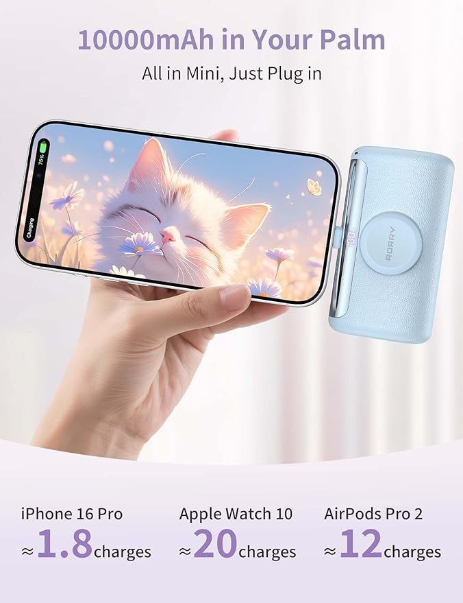 RORRY PalmGo Portable Charger, 10000mAh PD 22.5W Fast Charging Mini Power Bank with Built-in USB C Connector, 3-in-1 Battery Pack for iPhone 17/16/15 Pro/Max, Apple Watch Ultra/11/10/SE, iPad, Blue