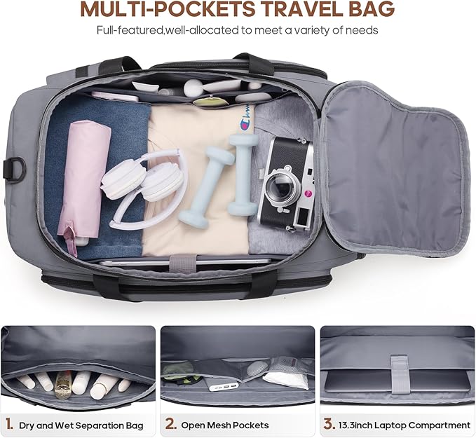 Gym Bag for Men and Women with Shoe & Laptop Compartment, 3-in-1 Sports Travel Duffel Bag Anti-Theft Weekender Carry-on Backpack for Airplane & Workout, Overnight Travel Bag, 35L, Dark Grey, Medium