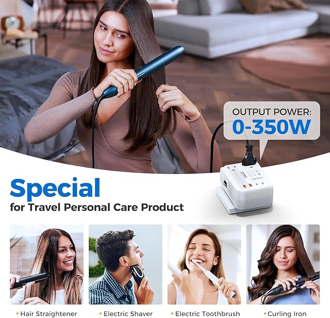 Upgraded 350W Voltage Converter US to Europe for Hair Straightener Shaver Toothbrush CPAP Camera Cell Phone - 220V to 110V Converter for European Travel, Power Converter Adapter Combo with PD Chargers