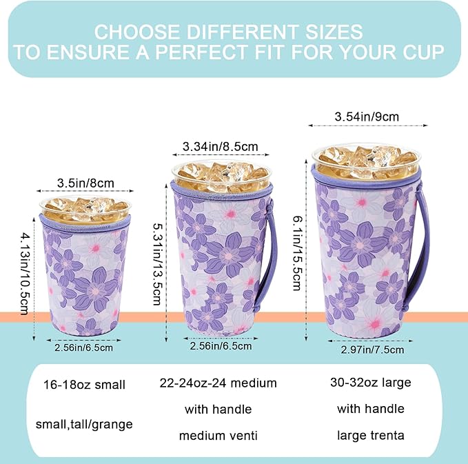 KJQJLY 3 Pack Reusable Iced Coffee Sleeves for Iced Coffee Cups or Drinks Reusable Neoprene Insulated Sleeves for Hot and Cold Drinks from Starbucks, Dunkin, And More (Little Purple Flowers)