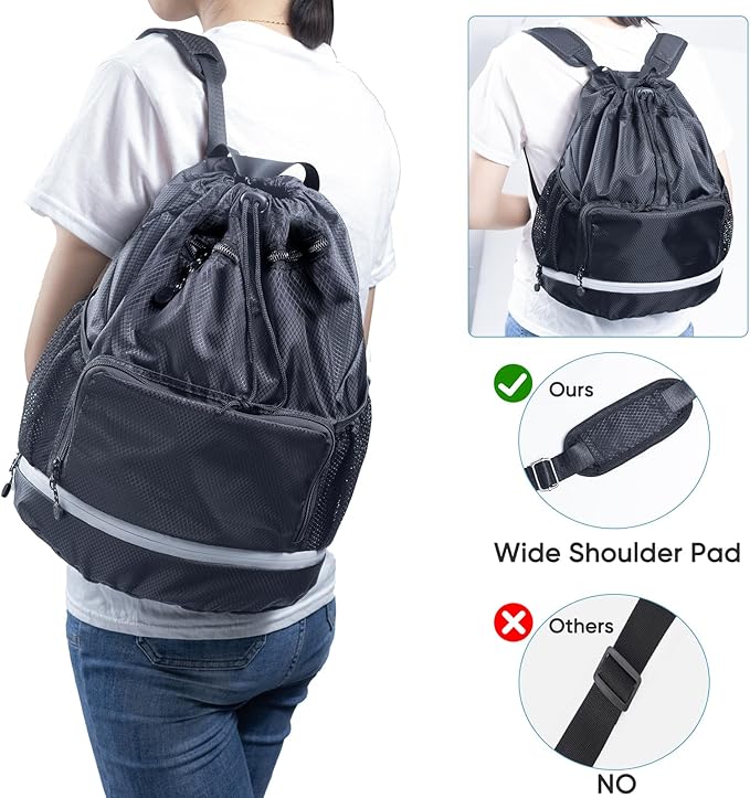 Swim Beach Sports Drawstring Backpack - Gym Bag with Shoes Compartment and Waterproof Pocket for Gym Accessories, Swim Essentials - Kids Mens Beach Workout Bag