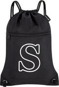 HOLYLUCK Drawstring Bags Initial Backpack Sackpack Cinch Bags for Sports, Gym, Travel, Beach (Black-S)
