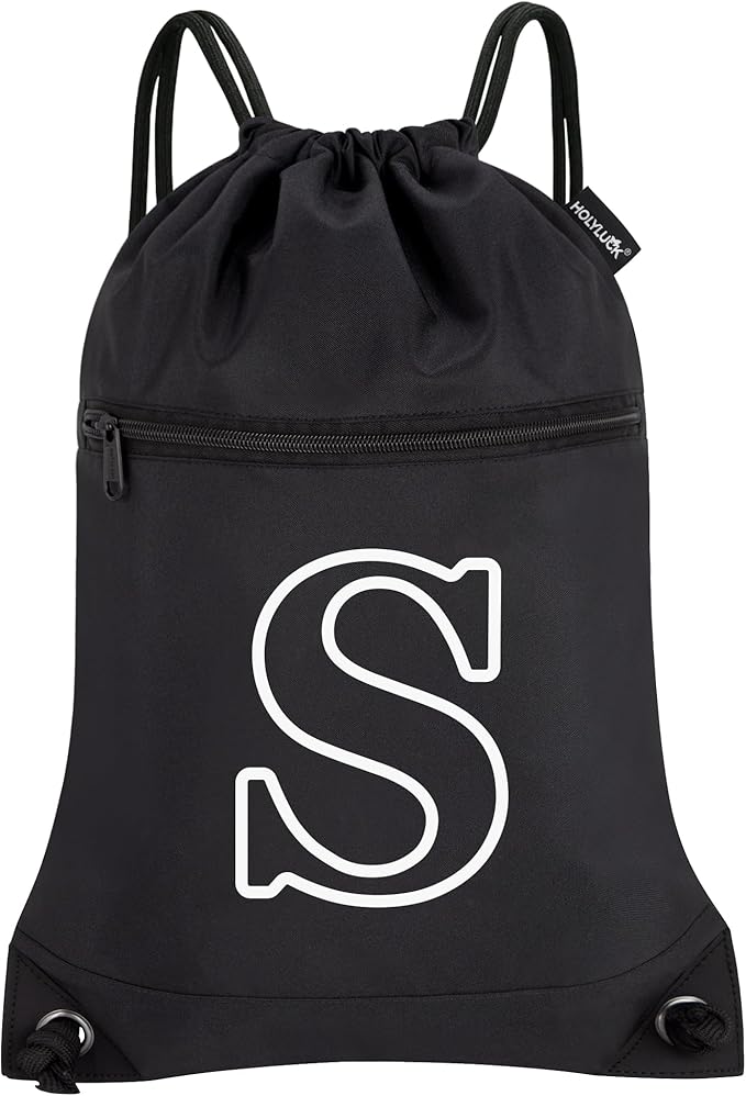 HOLYLUCK Drawstring Bags Initial Backpack Sackpack Cinch Bags for Sports, Gym, Travel, Beach (Black-S)