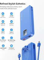 Portable Charger, 12000mAh 22.5W Fast Charging Power Bank with Built-in Cables & Wall Plug, Travel Essentials Battery Pack with LED Display, USB C External Battery Bank for iPhone iPad, Samsung Navy