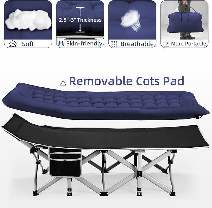 Fragess Portable Camping Cot, Sleeping Cot for Adult, 28" Extra Wide Heavy Duty Folding Cot Max Load 600LBS with Thick Mattress, Portable Camping Bed for Camp Outdoor/Office, Home Nap (Blue)