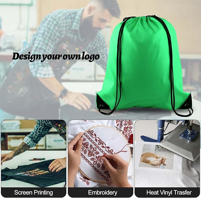 PLULON 15 Pcs Green Drawstring Bags Drawstring Backpack Bulk, String Backpack Cinch Sack Sport Gym Bags for Yoga Traveling Outdoor Sports