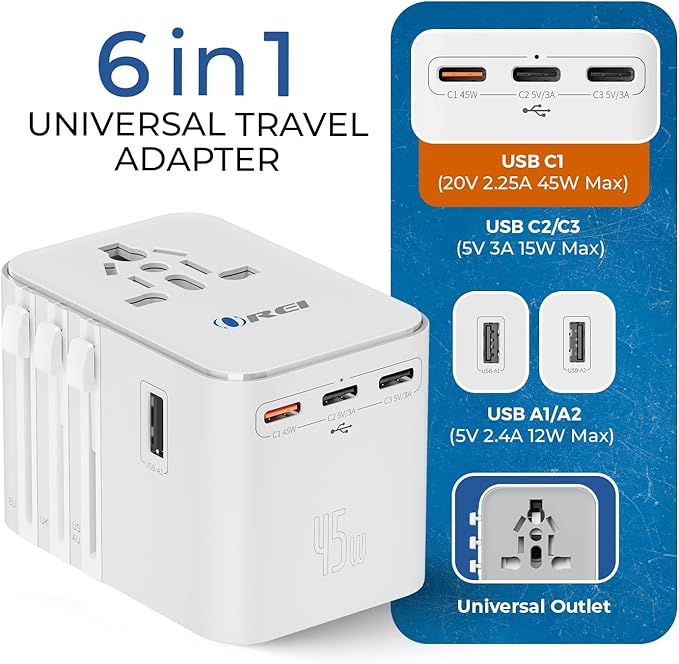 OREI Universal Travel Adapter – All-in-One Worldwide Power Plug Converter with Dual USB Charging Ports – Compatible with USA, EU, UK, AUS